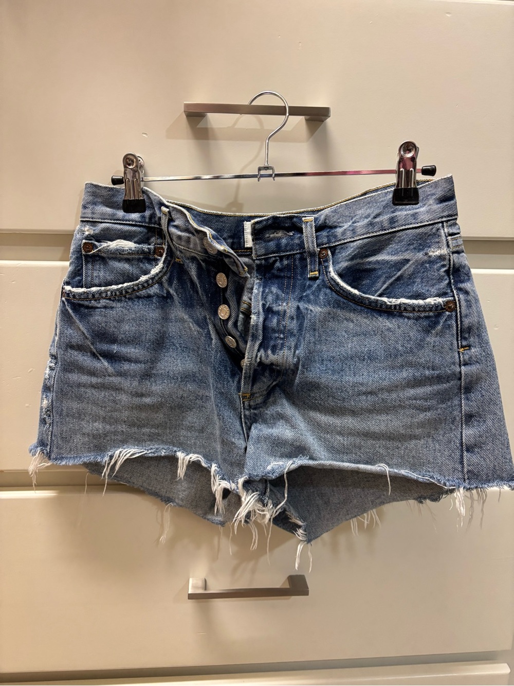 Agolde Button-Front Distressed Denim Shorts - Light Blue